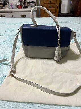 Talbots Navy and Light Gray Leather Top-Handle Crossbody with Tassel